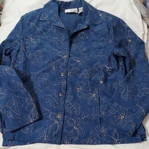 Erin London Floral Embroidered Blue Jacket Sz L Pockets